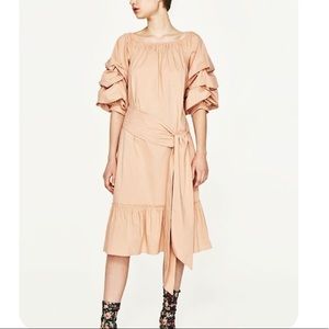 Women's Peach Puff Sleeve Tie-Waist Dress